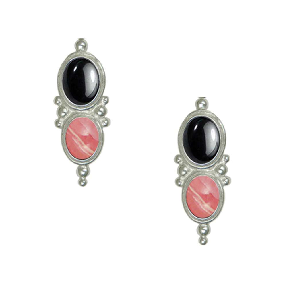 Sterling Silver Drop Dangle Earrings With Hematite And Rhodocrosite